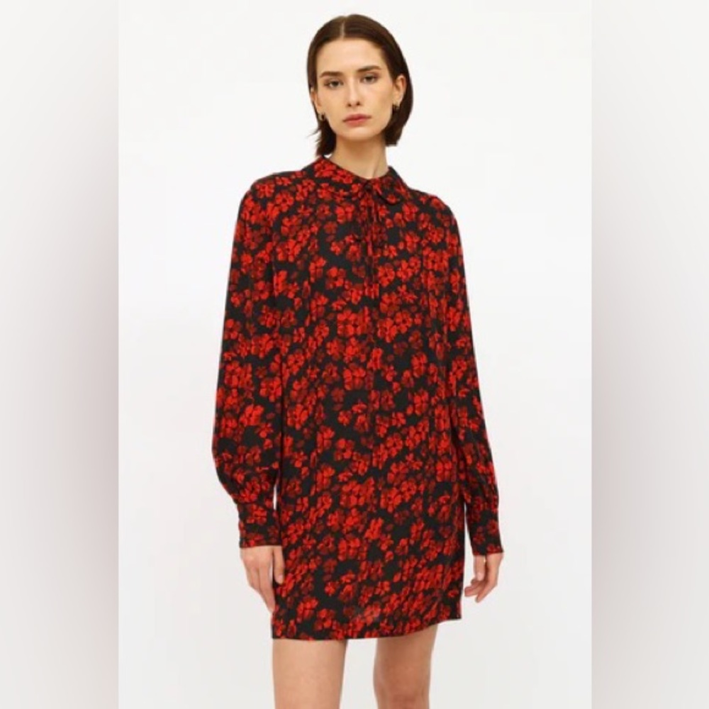 SILK MINI DRESS McQ black & red all-over floral long sleeved dress.